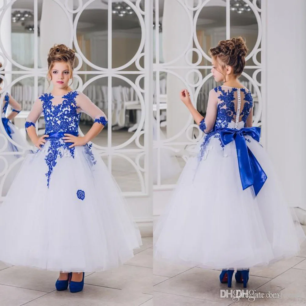 New Lovely Royal Blue Lace Appliques Flower Girl Dresses Half Sleeve With Bow Sash Ankle Length Girl Pageant Prom Party Gowns