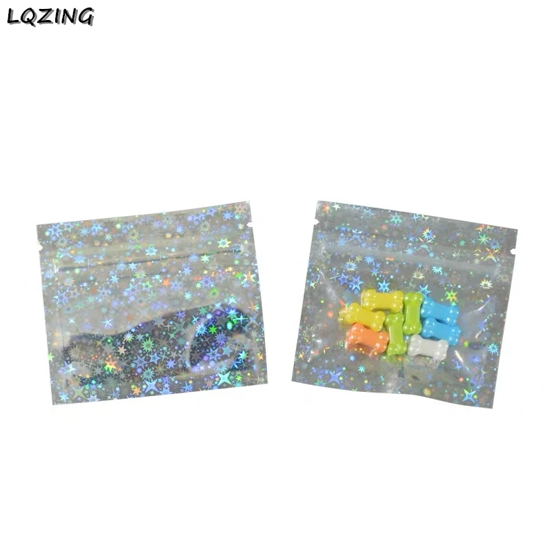 50 stücke Kleine 7,5x6,5 cm Laser Zip-lock Beutel Beutel Eine Seite Klar Holographische Folie Kosmetische Zipper Tasche hängen Haken Einzelhandel Verpackung