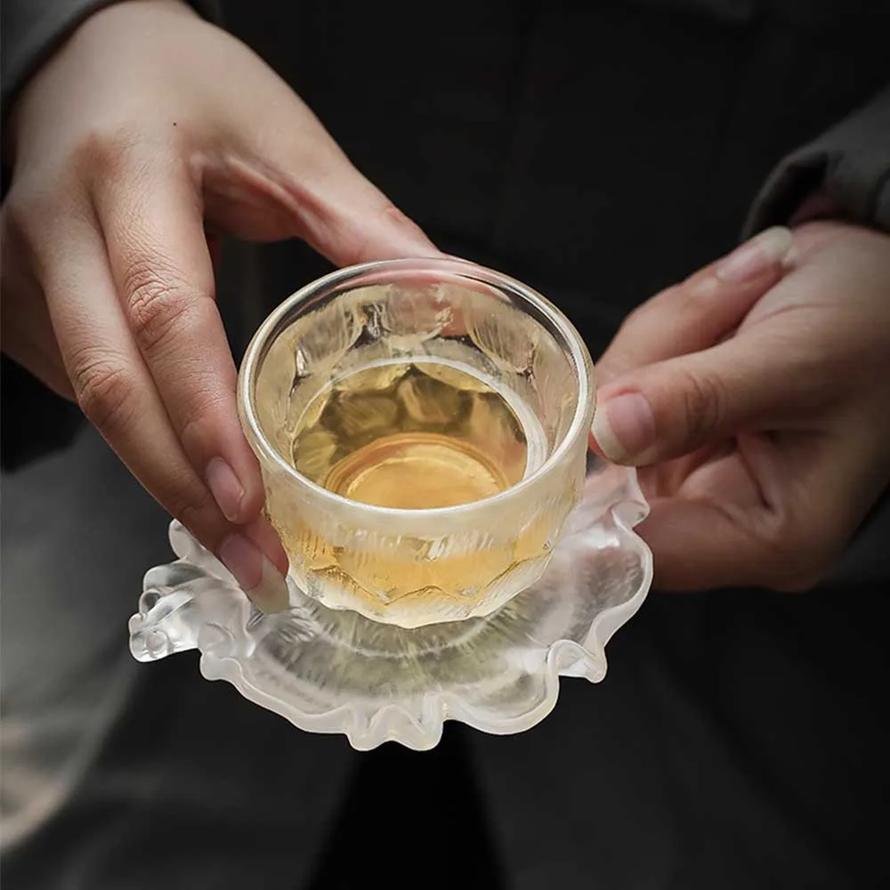 

Japanese Style Transparent Glass Teacup Tray Kungfu Tea Cups Plate Teacups Pad Lotus Leaf Design Teacup Coaster Household Decor