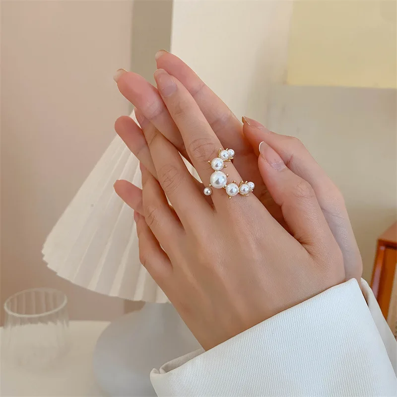 Fashion Big Geometric Pearl Paved Rings For Women 2021 New Jewelry Personality Statement Open Ring Adjustable Bijoux