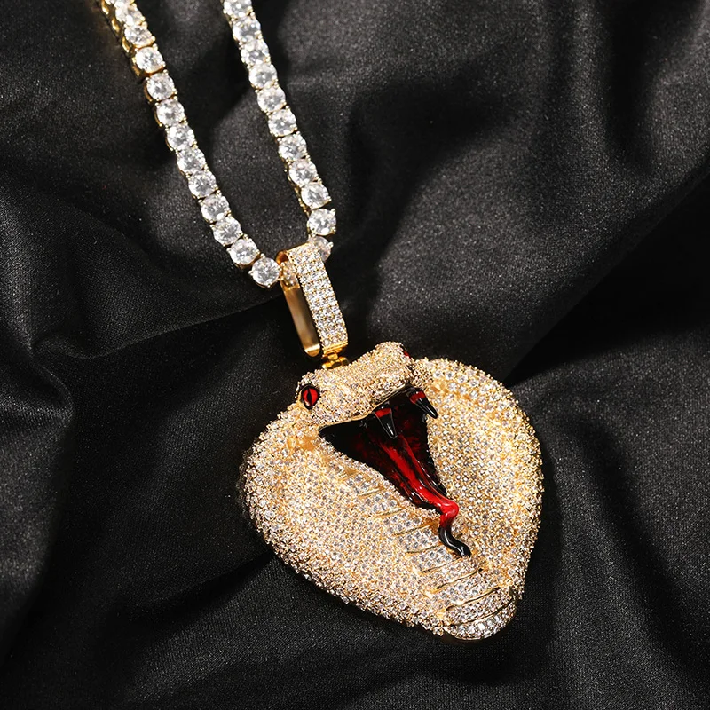 Hip Hop Micro Paved 3A+ Cubic Zirconia Bling Iced Out King Cobra Snake Pendants Necklaces for Men Rapper Jewelry Gift