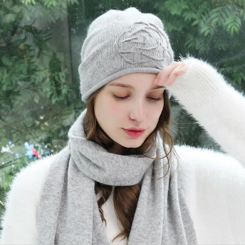 Women Hat Scarf Sets Autumn Winter New Wool Hats Fashion Elegant Casual Warm Beret Style Female Beanies