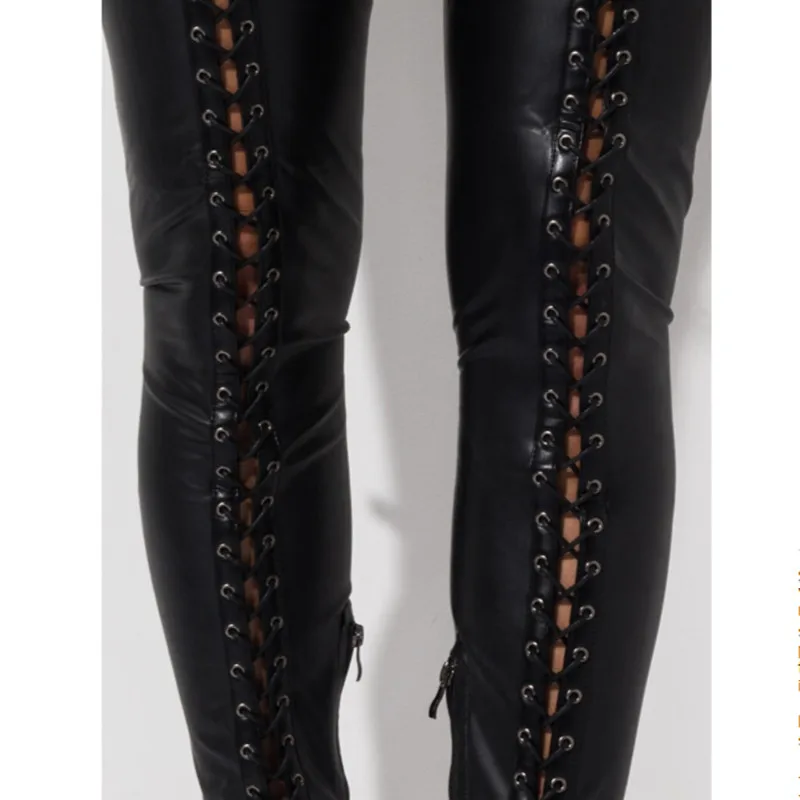 2020 Lace-Up Sexy Women Leather Thigh High Boots Autumn Winter Pointed Toe Stiletto Knight Boots Black Side Zip High Heels Shoes