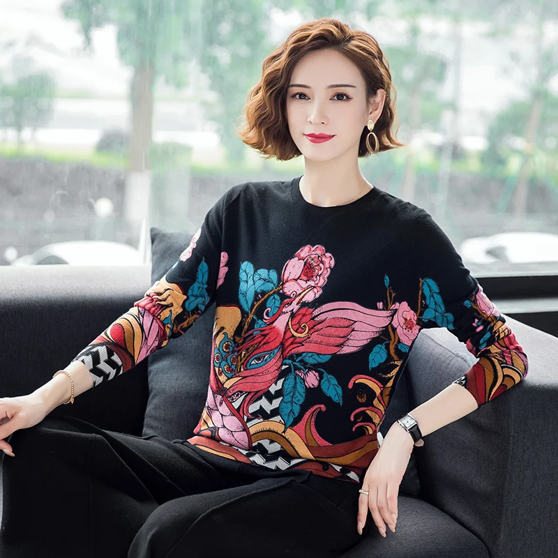 

Women Floral Sweater High Quality Autumn Elegant Printing Knitwear Blouse Ladies O-Neck Jumper Tops Pullovers