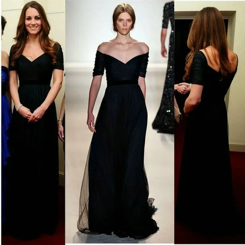 Kate Middleton Celebrity Jurken Navy Blue A Line Chiffon Formele Jurk Met Korte Mouwen Elegant Floor Lengte Вечерние Платья