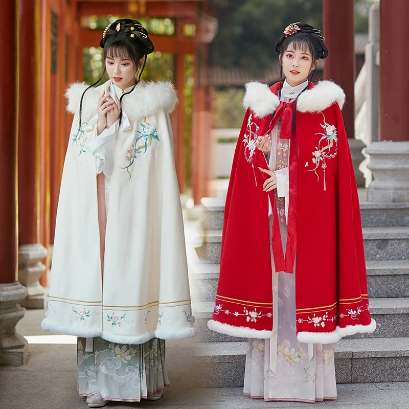 Hanfu Mantel Vrouwen Winter Warme Jas Chinese Mode Pluche Overjas Hooded Kostuum Oude Traditionele Cosplay Dames Kleding Rood