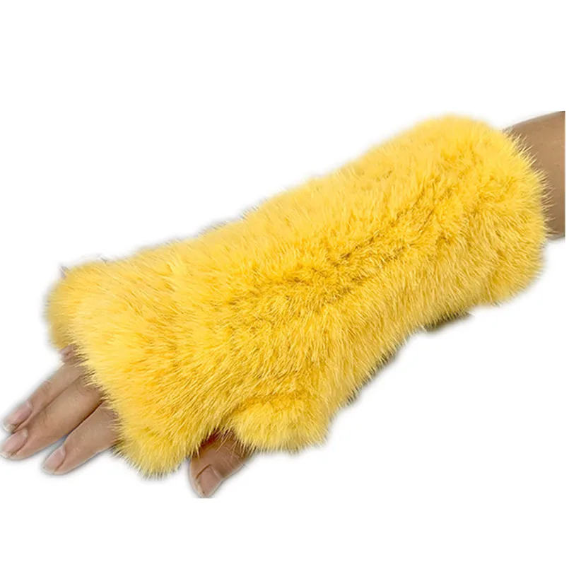 Real Mink Fur Gloves Girls Knitted Fingerless Mittens Elastic Spandex Fluffy Weave Winter Luxury Handwarmer