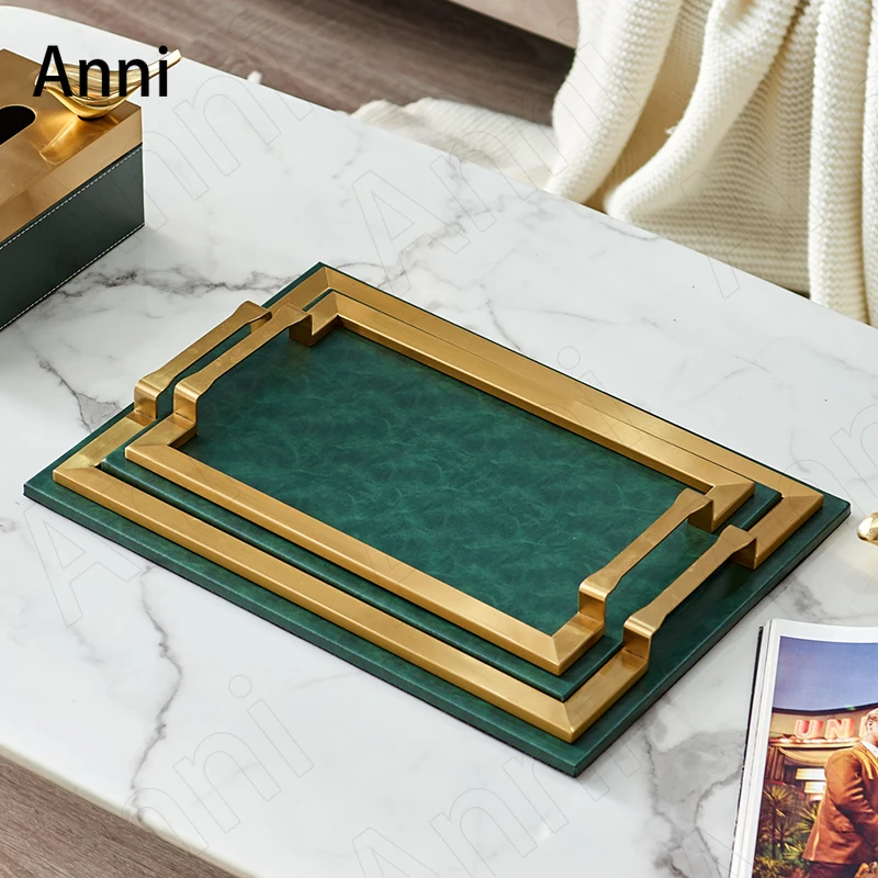 Creative Gold-plated Border Storage Tray Nordic Modern Rectangle Green Leather Teacup Wine Set Trays Home Living Room Decoration