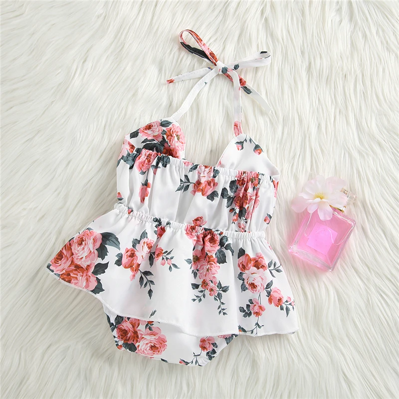 Cute Baby Floral Print Bodysuits Girls Sleeveless Hollow Out Sling Jumpsuit with Bow-knot for Summer Girls Clothing Sunsuit