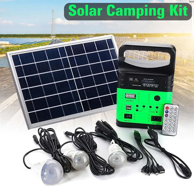 gerador solar portatil ao ar livre de acampamento energia mini dc10w carregamento do painel solar led sistema iluminacao kit controle remoto radio fm 01