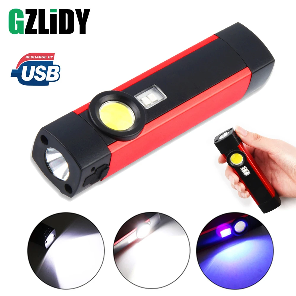 LED Flashlight Multi-function XPE+COB Torch UV Detection Lamp Rechargeable Waterproof Camping Light with Magnet Repair Lantern