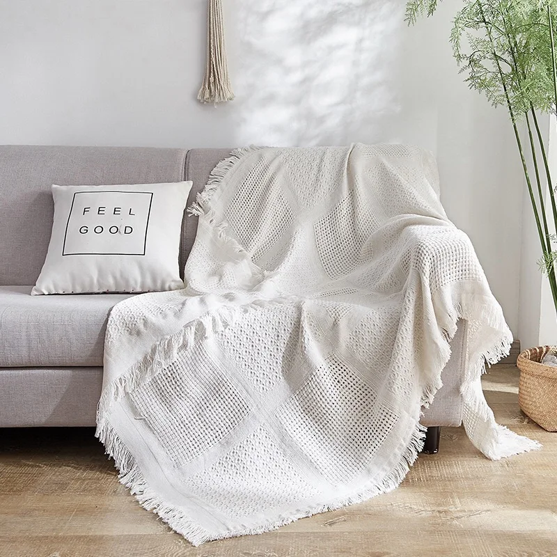 

Decorative White Knitted Sofa Throw blanket Cotton Soft Rug Sofa Towel Plaid Tapestry for Home Living Room Bed Plane Travel