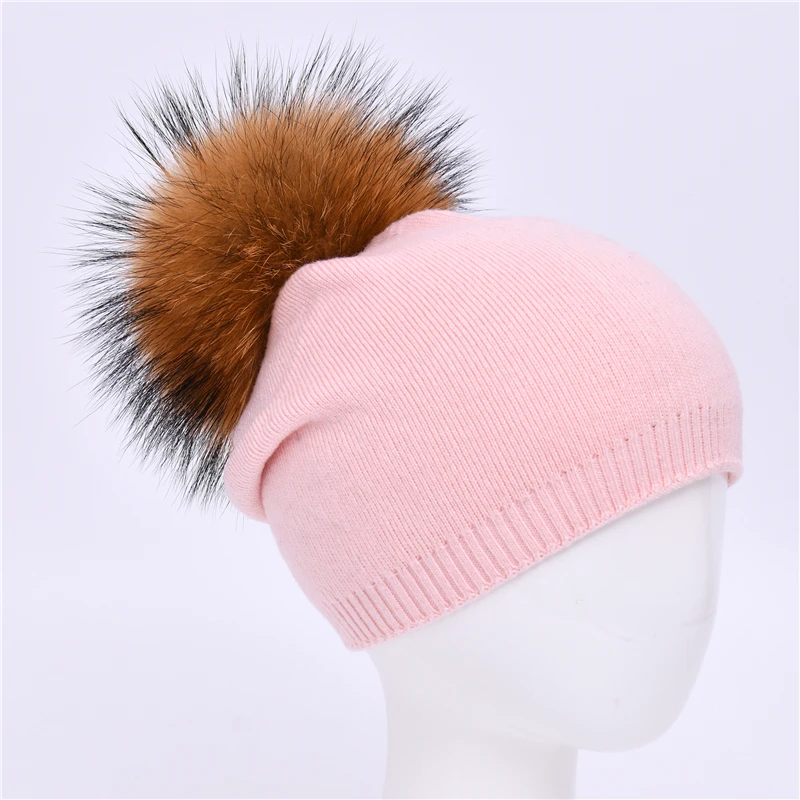 MAOMAOFUR Kids Wool Knitted Beanie Hats Girls Boys Warm Autumn Winter Hat Baby Real Raccoon Fur Pom Pom Beanies Hat