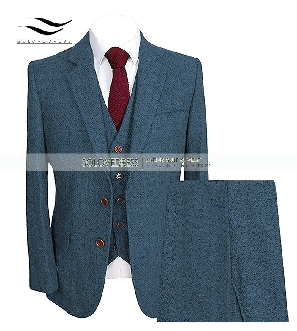 Männer Wolle Tweed Anzüge 3 Stück Formale Revers Kerbe Fischgräten Smoking Regelmäßige größe Winter Hochzeit Bräutigam (Blazer + weste + Hosen)