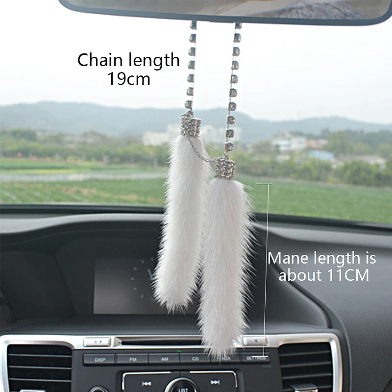 Wholesale Fashion Car Crystal Diamante Pendant Mink Fur Rearview Mirror Hanging Fox Plush Ornaments Charm Auto Interior Decorate