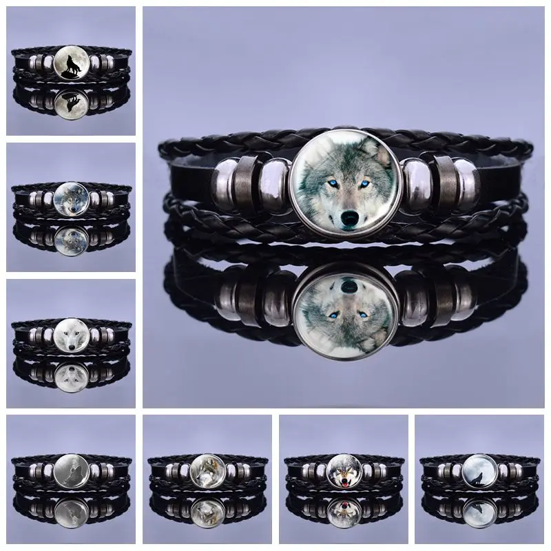 Black Wolf Bracelet Men Punk Wolf Head Button Weave Leather Bracelet Bangle Wolf Jewelry for Men Christmas Gifts Dropshipping