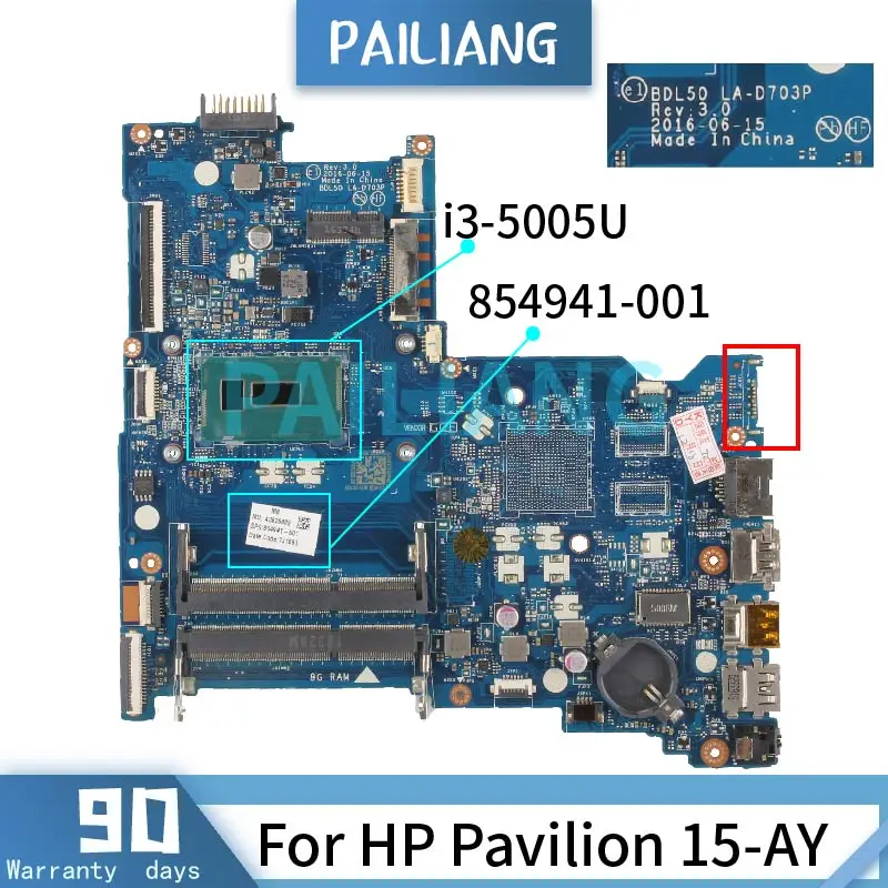 

PAILIANG Laptop motherboard For HP Pavilion 15-AY Core i3-5005U Mainboard 854941-001 854941-601 LA-D703P SR244 TESTED