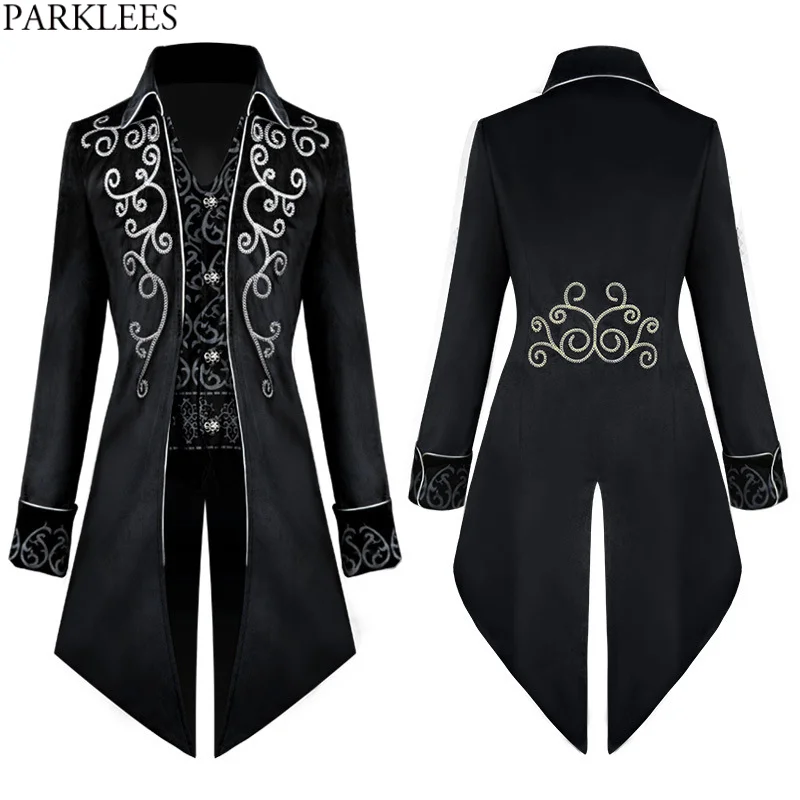 Mens Steampunk Black Velvet Tailcoat Jacket Gothic Victorian Medieval Cosplay Costume Pirate Renaissance Tuxedo Coats 3XL