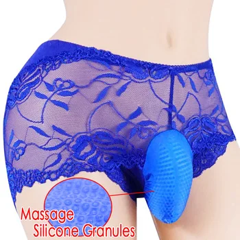 Sexy Male Lace Flowers Gay Underwear Sissy Massage Silicone Granules Briefs Pants Mens Underwear