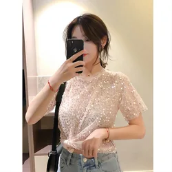 Top da donna con paillettes Ins super fire fashion Bling Shiny girocollo a maniche corte T-shirt femminile allentata sottile bling glitter T-shirt