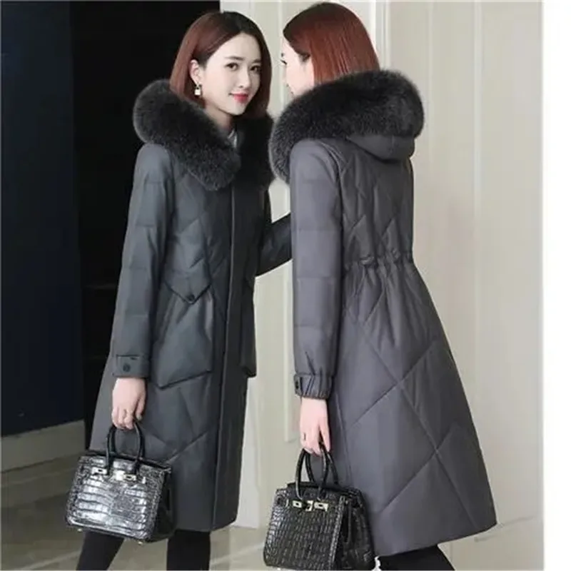 High-end leather down jacket women pu leather mid-length 2022 new hooded slim slimming parker leather jacket A799