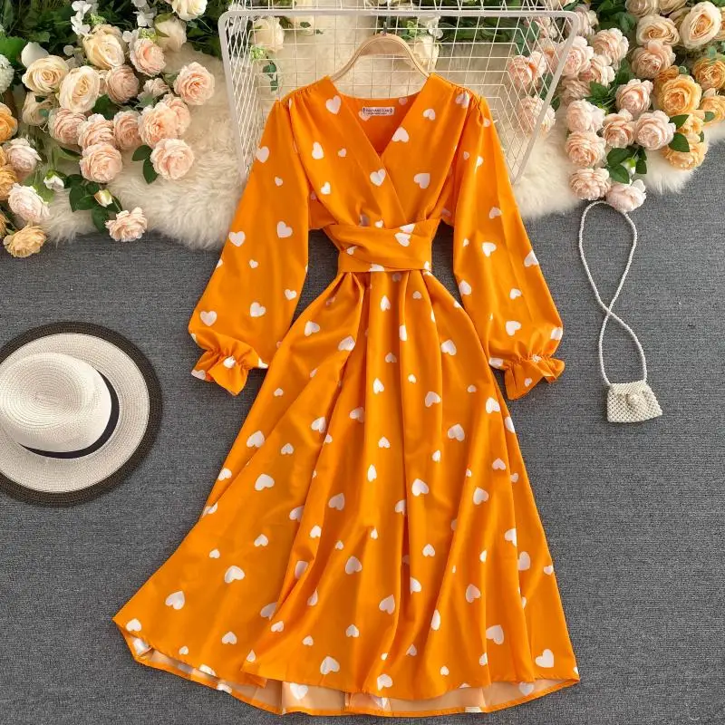 French Sim Spring Love Heart Print V Neck Bandage Dress Autumn Long Casual Women High Waist Vestido De Festa Elegant Vestidos