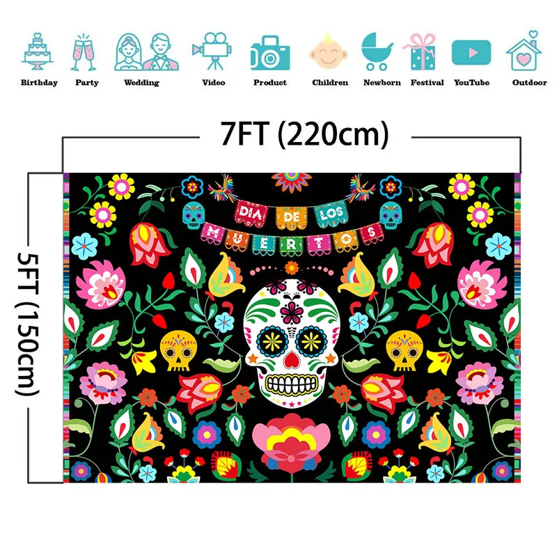Fondo del Día DE los muertos para Fiesta mexicana, Fondo DE fotografía con flores y calaveras DE azúcar, Banner DE decoraciones Dia DE Los Muertos