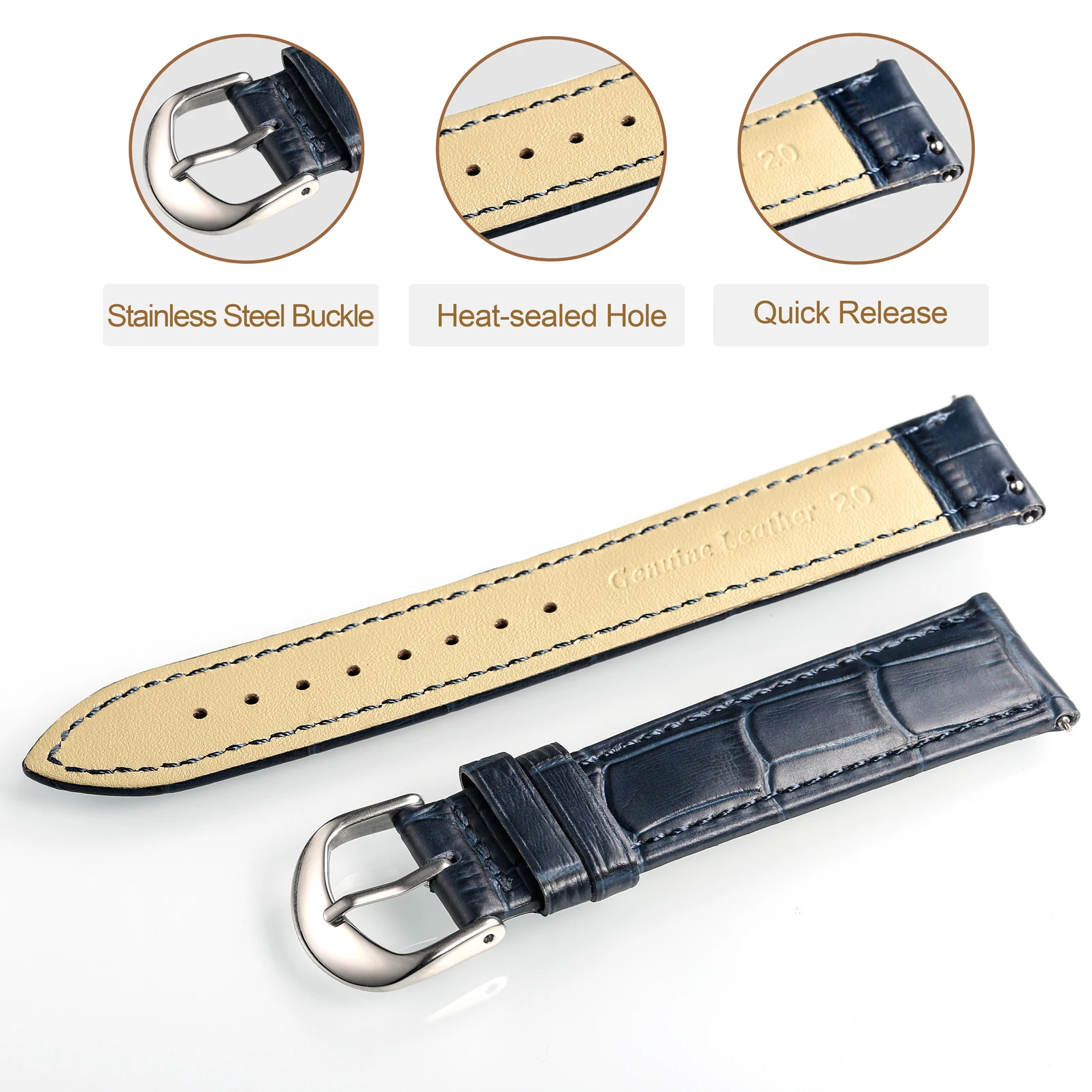 Alligator Embossed Leahter Watch Bands Quick Release Blue Handmade Top Grain Replacement Watches Strap  16mm 18mm 20mm 22mm