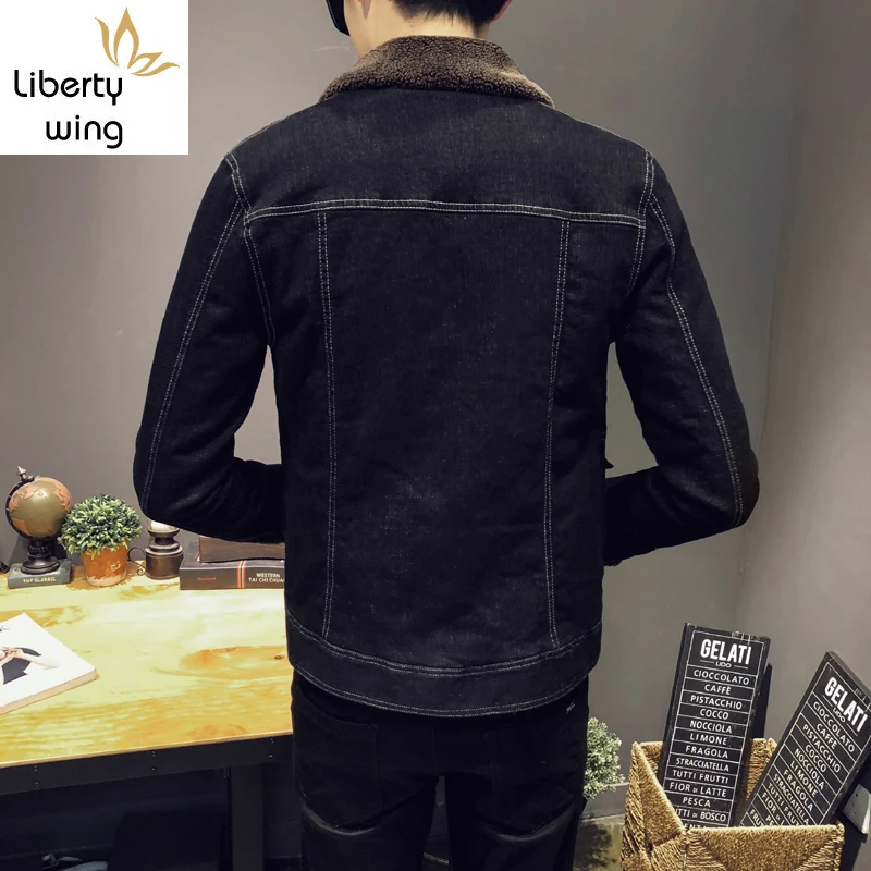 Winter Denim Coats Men Lining Casual Jackets Long Sleeve Lamb Fur Collar Thick Cowboy Outwear Chic Casaco Masculino Big Size