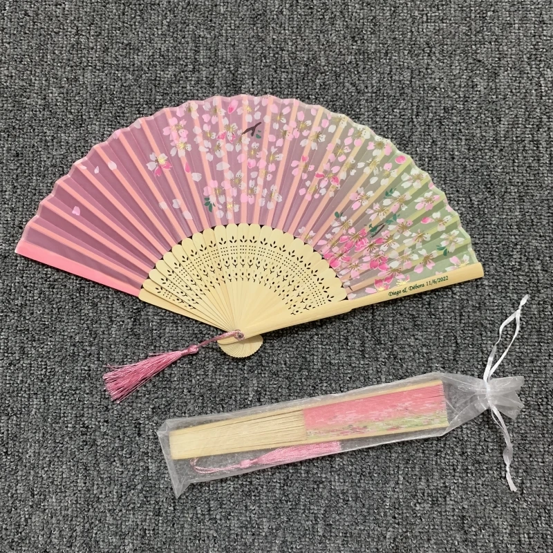 50PCS Customized Luxury Chinese Style Cherry-blossom Design Folding Silk Hand Fan With Tassel For Wedding Gift Favor