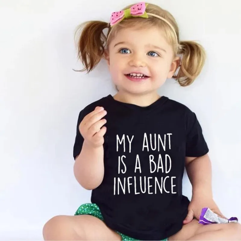 

My Aunt Is A Bad Influence Funny Letter Print Kids Tshirt Boys Girls Short Sleeve T-shirt Aunt Present Baby Toddler Clothes