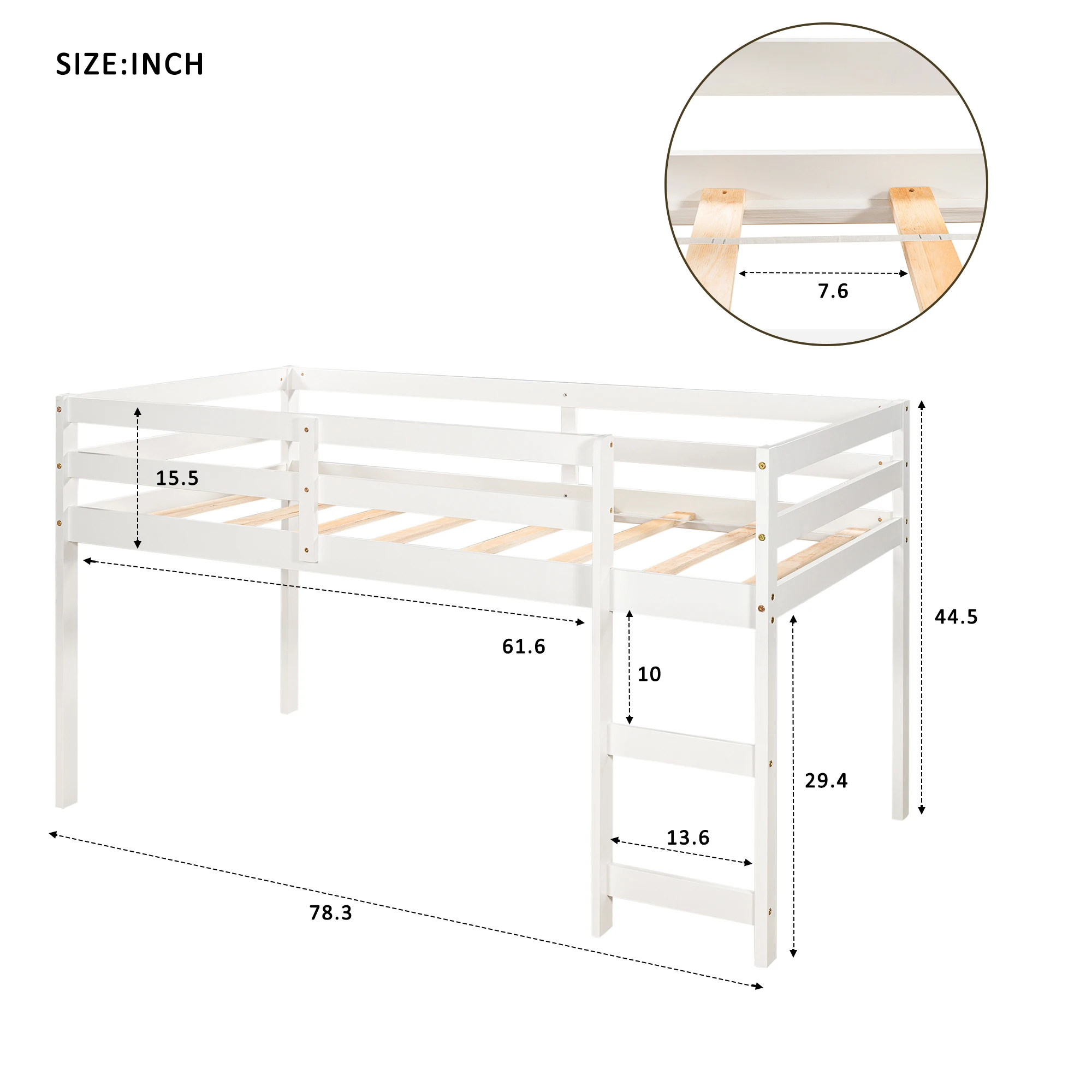 Twin Size Bed Frame Low Study Loft Bed with Cabinet and Rolling Portable Desk 78