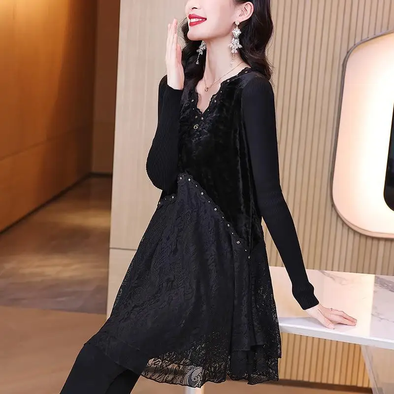 Lace Splicing Fake Two-piece Dress Female 2023 Autumn And Winter New Loose Fashion Foreign Long Paragraph Velvet Blouse