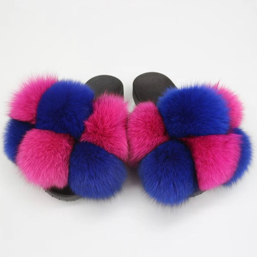 Fluffy Slides Women Pom Pom Fur Slippers 2021 Summer Fashion Fur Slides Flat Sandals Indoor Outdoor Flip Flops