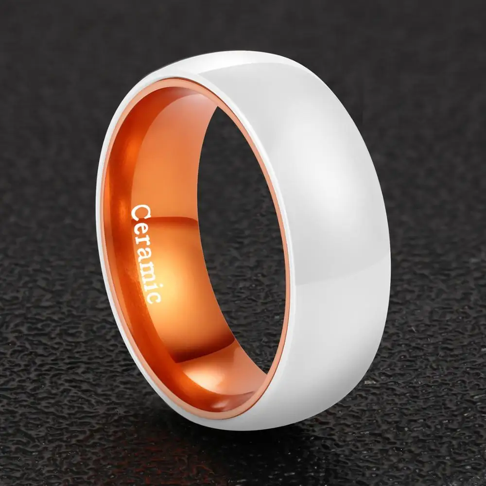 High Polished 8MM Width White Ceramic Rings for Teens with Orange Tones Anodized Aluminum Liner Scratch Proof Size 6-13