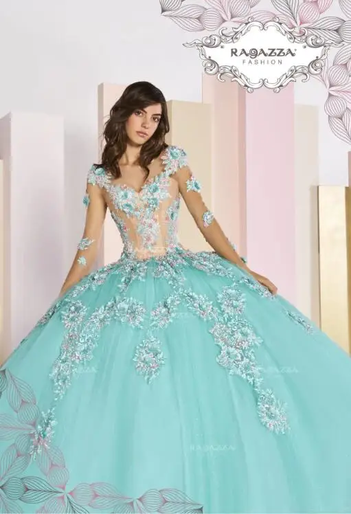 2020 luz azul vestido de baile masquerade quinceanera vestidos v pescoço rendas apliques trem varredura manga longa doce 16 vestidos de concurso