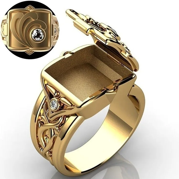 Personality Gold Plated Men Women\' Ring Secret Compartment Memorial Souvenir Ring Casket Coffin Anniversary Ring Hip Hop Jewelry