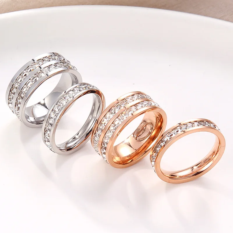 Stainless Steel Single/Double Row CZ Eternity Ring Wedding Band for Women Girl 3-10