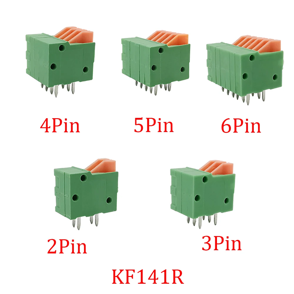 KF141R Pitch 2.54mm PCB Mounted Spring Screless Right Angle Terminal Blocks Connector 2/3/4/5/6Pin 150V 2A for 26-20AWG 5Pcs/Lot