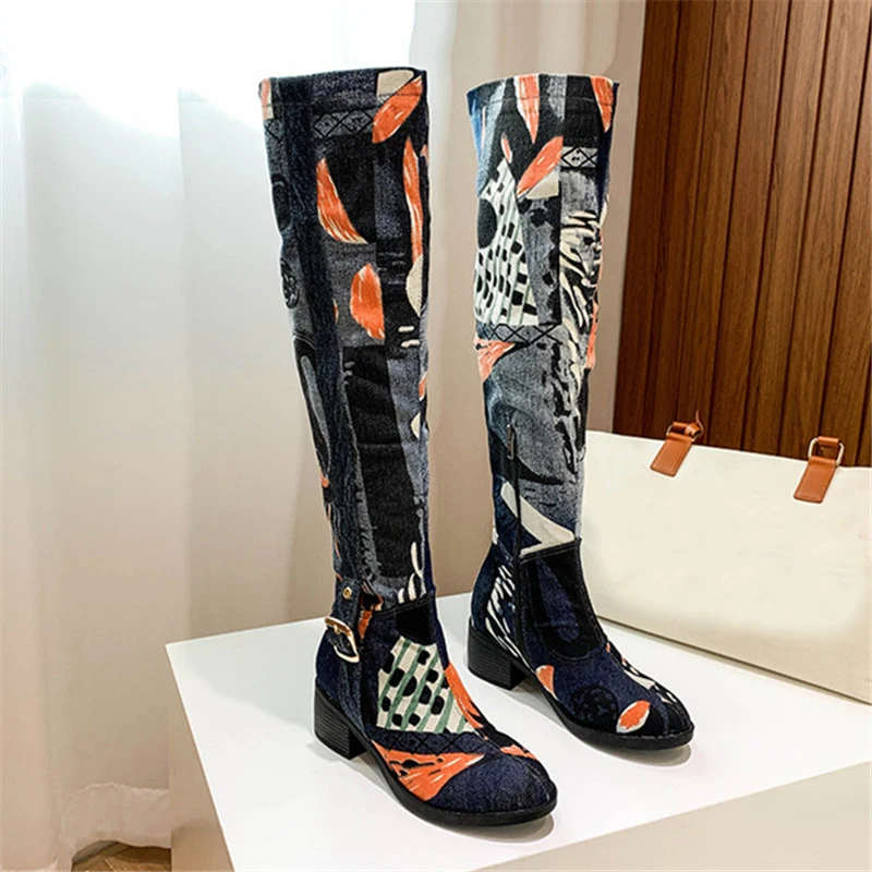 

Retro Printing Women 5CM Chunky High Heels Casual Denim Botas Mujer Autumn Thigh High Boots Jean Shoes Over the Knee Boots