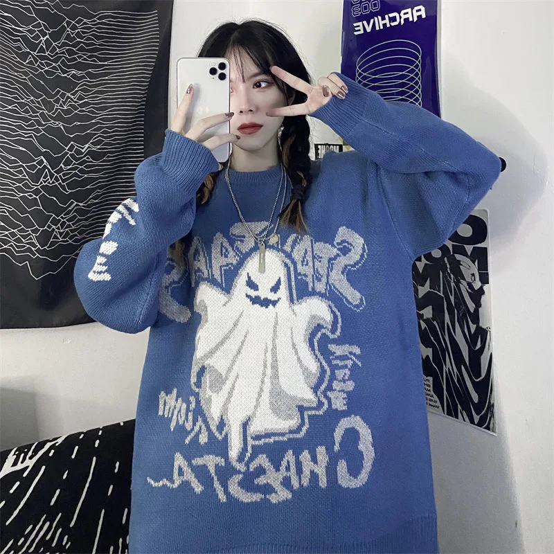 Ponadgabarytowy sweter z dzianiny z nadrukiem kreskówkowym, ciepły sweter na co dzień, sweter Horror, płaszcz vintage, wersja koreańska, moda na