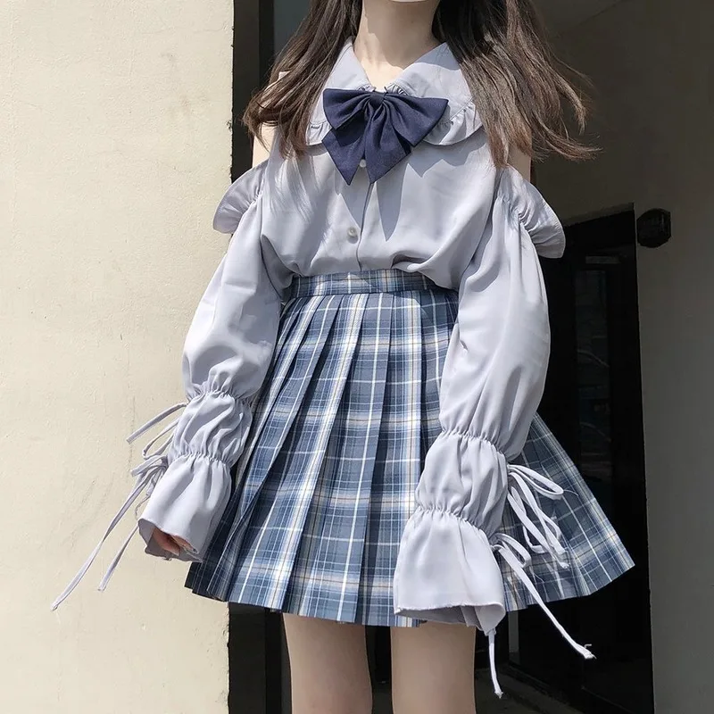 Women Shirts Off Shoulder Peter Pan Collar Sweet Lolita Style Lovely Solid Long Lantern Sleeve Bow Lace Up Female Leisure Trendy