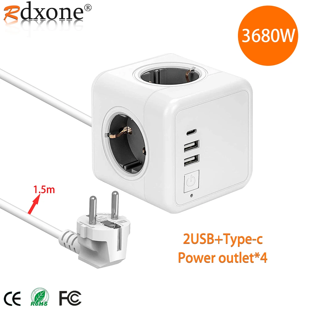 Travel EU Plug Adapter Wall Socket with Switch Extension Cord 3 Outlets 3 USB Ports Home Travel Charging