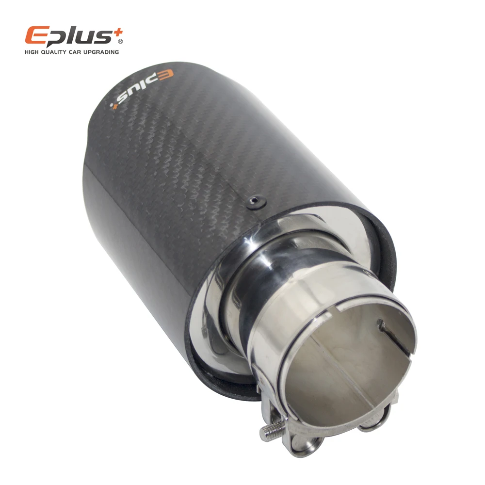 EPLUS Car Glossy Carbon Fiber Muffler Tip Exhaust System Pipe Mufflers Nozzle Universal Straight Stainless Silver