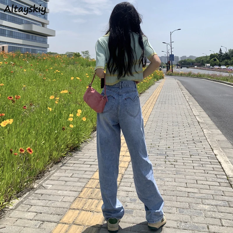 

Women Straight Jeans Heart Pockets Design Ulzzang Students Wide-leg Denim Trousers Mopping Summer Loose High Street Outwear Cozy