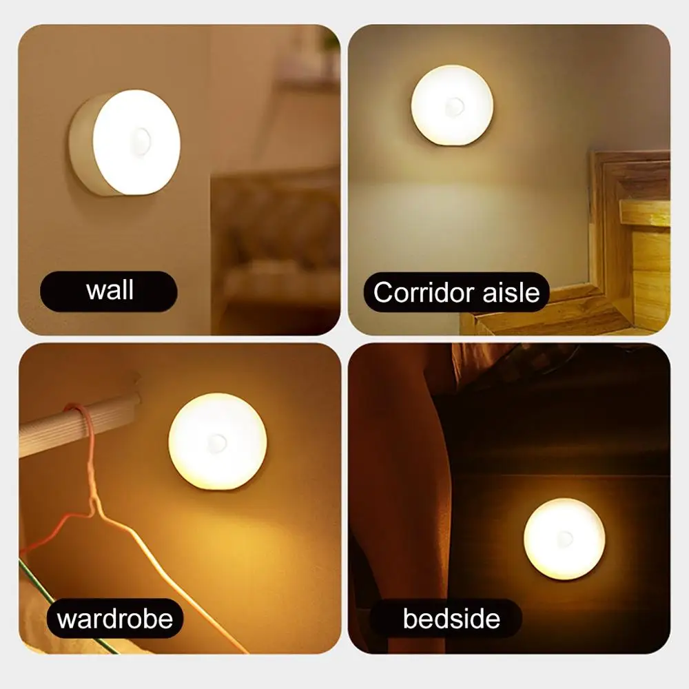 Wireless Motion Sensor Light Led Night Lights Round 6LED Detector Wall Decorative Lamp Staircase Closet Room Aisle Lighting