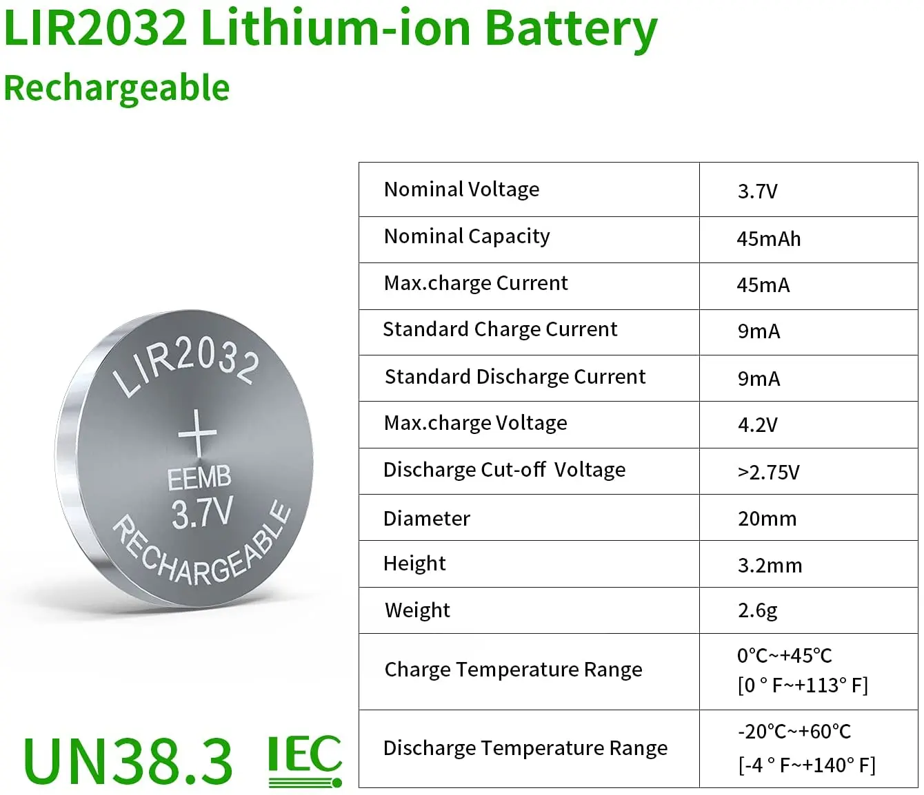 EEMB 10 sztuk LIR2032 bateria guzikowa 2032 3.7V akumulator 45mAh ogniwo litowe baterie monetowe do kluczyków samochodowych zegarek