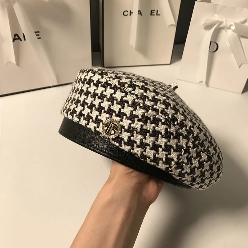 K244 Women's Hat Beret New Fashion All-match Houndstooth Female British Retro Octagonal Hat Painter Hat Autumn Women's Kepi