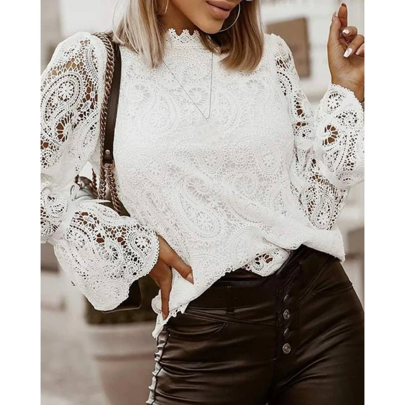 New Elegant Embroidery Hollow Out Lace Blouse Shirt Women Sexy Petal Long Sleeve Pullover Tops Ladies 2021 Autumn Stand Collar