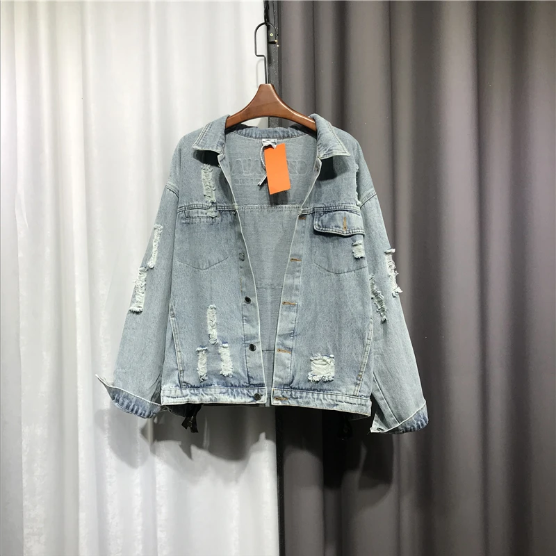 Fashion Vintage Loose Patch Hole Jeans Jacket Female Spring Autumn 2024 Casual Blue Single-breasted Long-sleeve Denim Jacket